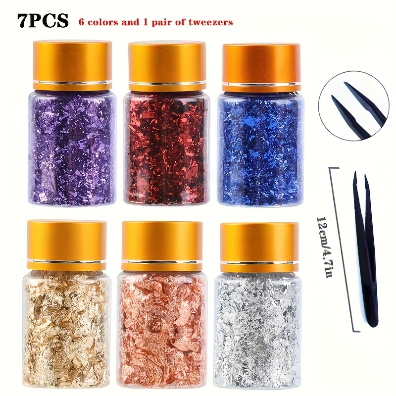 Image of 6 Bottles Of Metallic Foil Flakes With Tweezers For Painting Art And Resin Crafts In 6 Colors (golden, Silver, Rose Golden, Red, Blue, Purple)