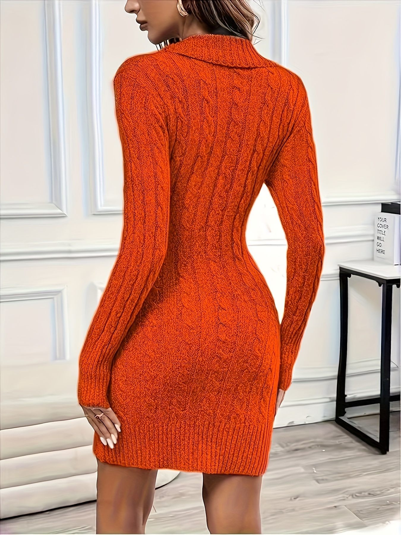 Christmas Women'S Elegant V-Neck Sweater Dress - Long Sleeve, Button Front, Solid Color, Bodycon Fit, Fall/Winter Collection, Casual to Formal Wear, Casual Attire, |Vneck Dress|Button Front Dress, Sweater Dress