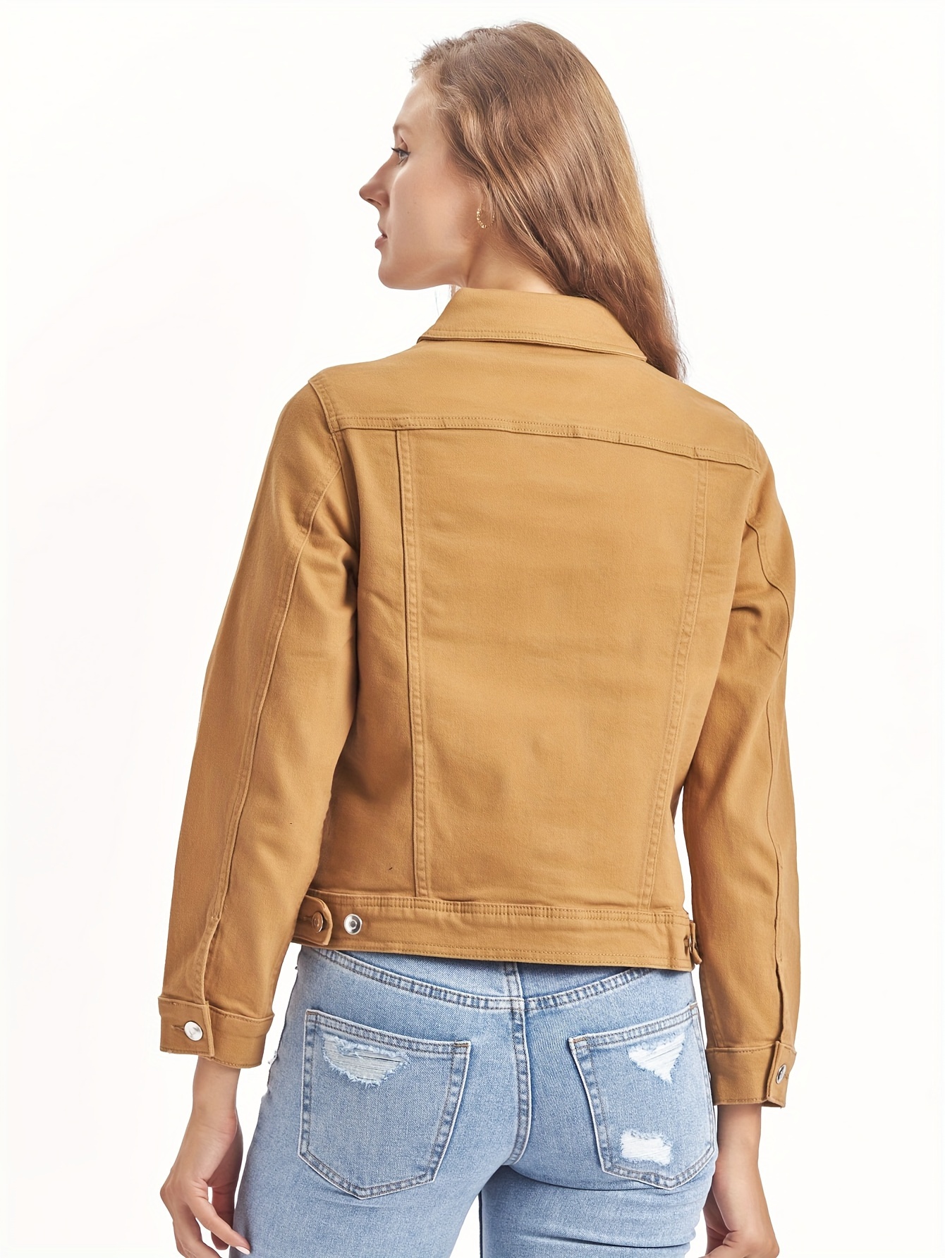 womens casual denim jacket light brown lapel collar medium Temu