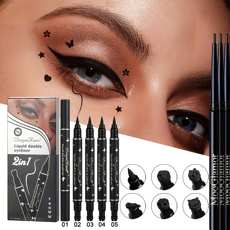 TEMU 5-pack 2-in-1 Eyeliner Set + 3 Bonus Eyeliner Pens. Double-ended Stamp Design- Waterproof, Long-lasting Black Ink. Includes Heart, Moon, & Star