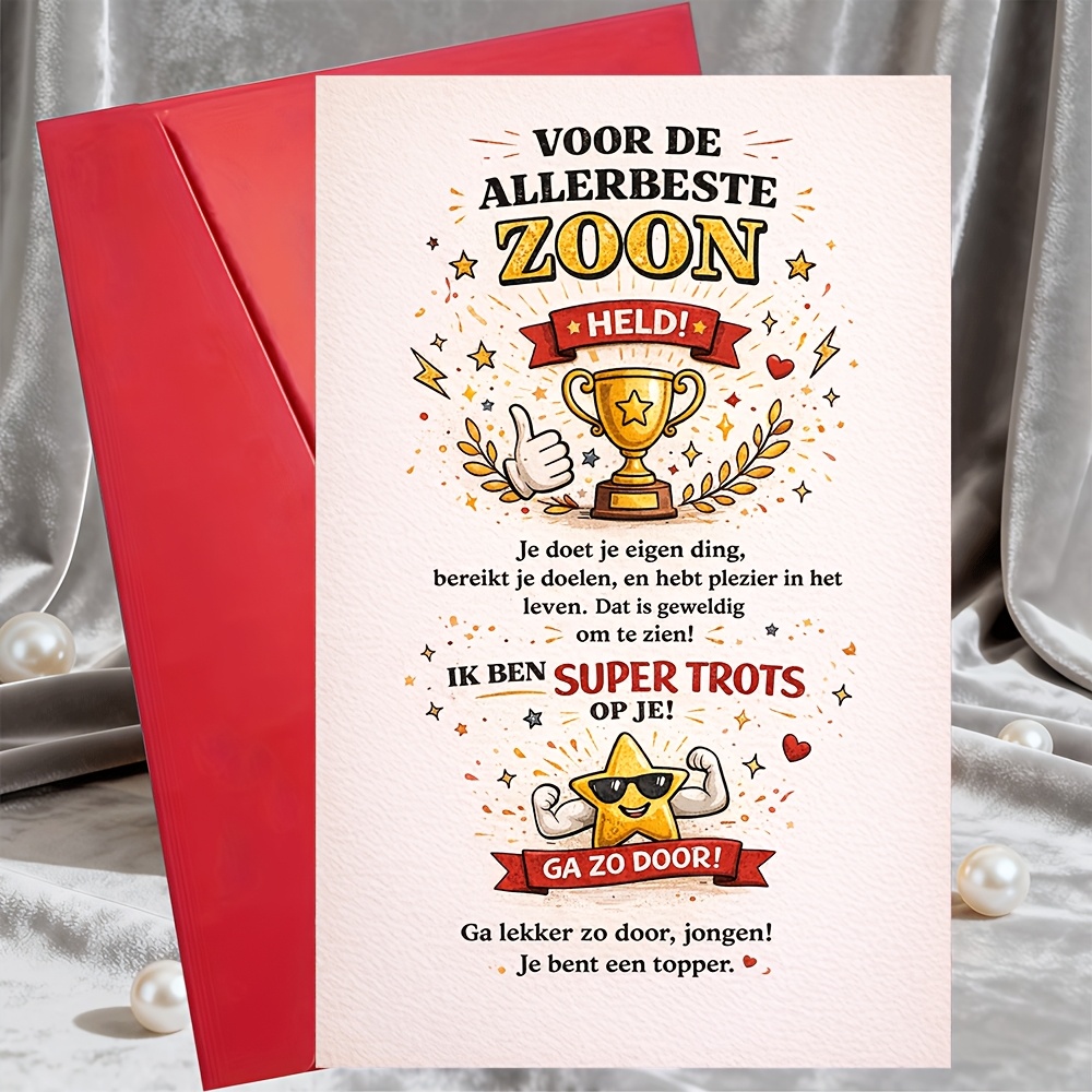 TEMU 1 Greeting Card + 1 Envelopebest Son Congratulations Card Trophy Theme Encouragement From Parents Family For Birthday Motivational Greeting Card