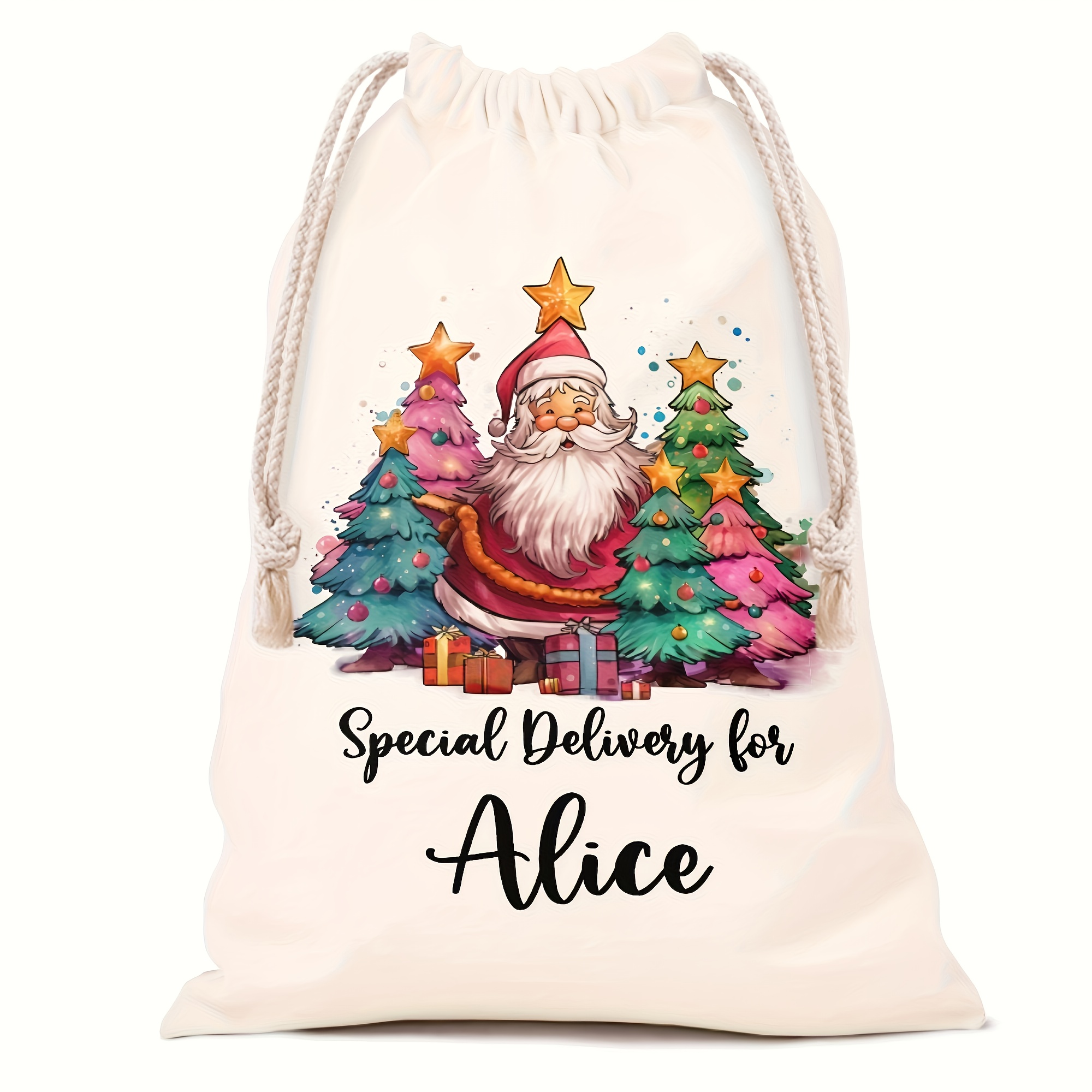 TEMU Gift For Her/him A Customizable Name, Personalized Christmas Canvas Gift Bag Featuring A Santa Design, With A Drawstring Closure For Christmas