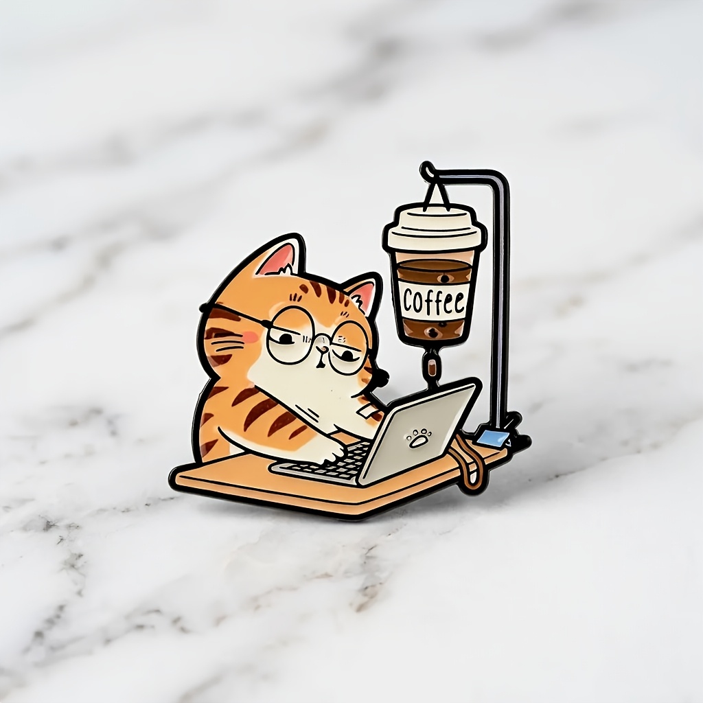 TEMU Enamel Brooch, Working Coffee Drip Iv Brooch, Cute Cat Lover Alloy Lapel Pin, Suitable For Backpacks, Hats, Jackets, Humorous Office Personnel