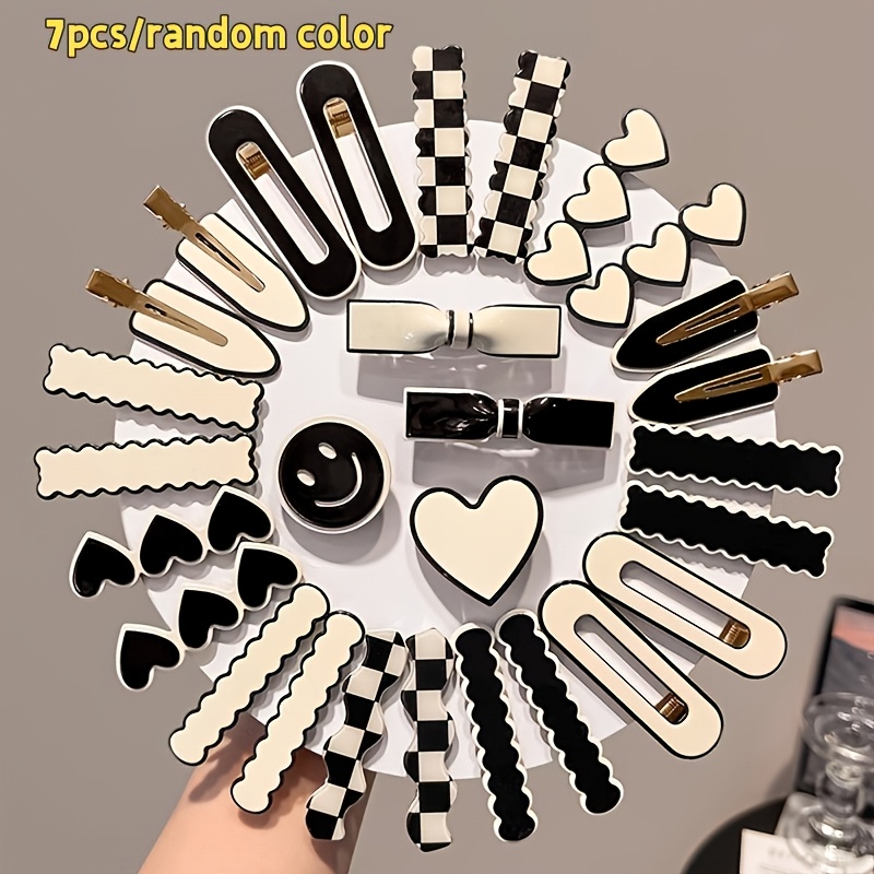 TEMU 7pcs Set Of Random Black And White Checkered Hair Clips - Seamless Acrylic Duckbill Clips, Suitable For Bang Styling