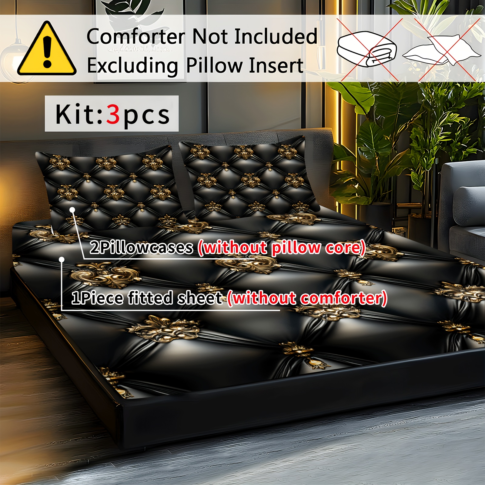TEMU 3pcs Tufted Print Fitted Sheet Set, Black Velvet With Golden , Breathable Polyester, Machine Washable For Ideal For Bedroom And More Includes 1