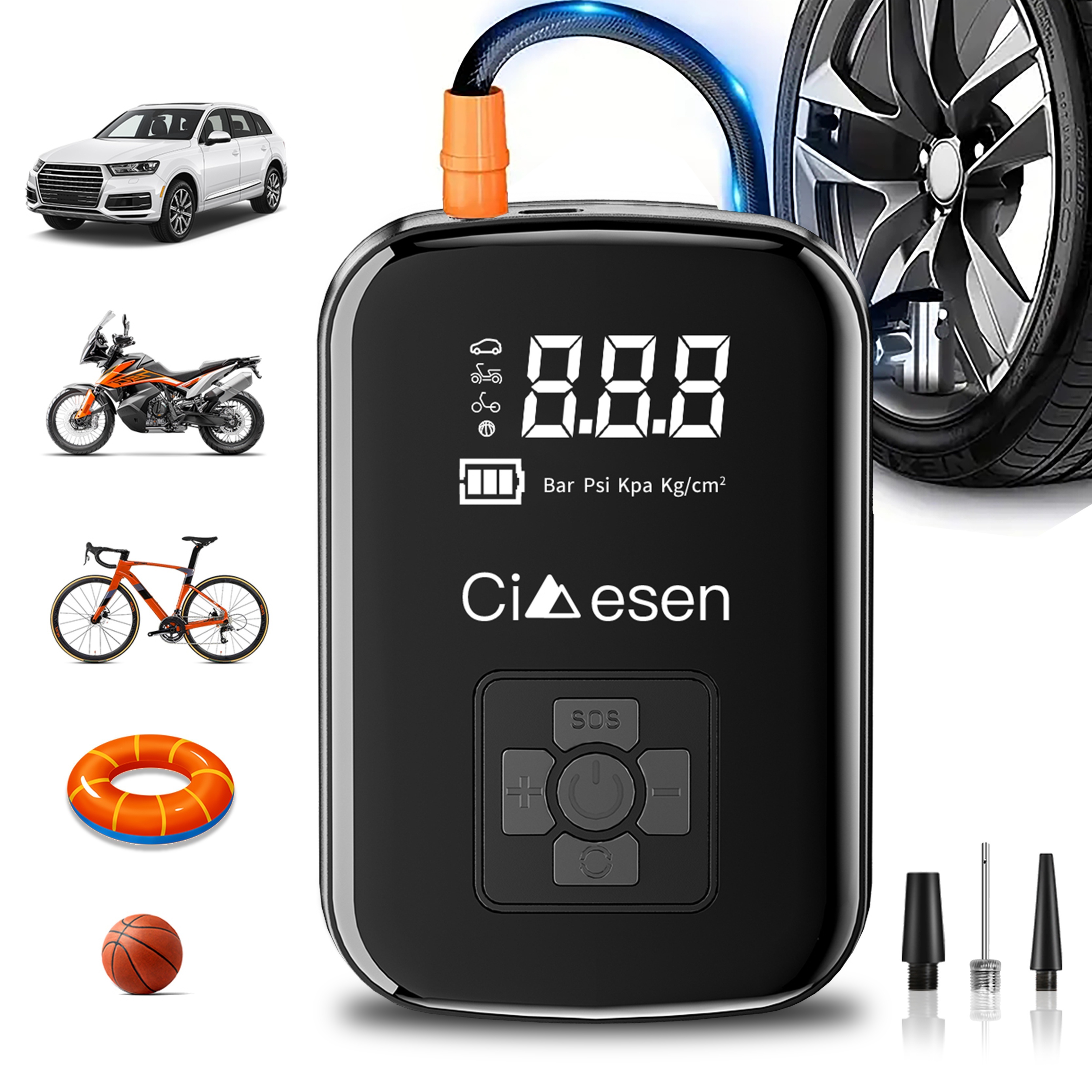 TEMU 1pc Tire Inflator Portable Air Compressor, Fast Cordless Air Pump, Digital Display With Nozzle Adapter And Long-lasting Lithium Battery For Car Motorcycle Bicycle , Auto Parts