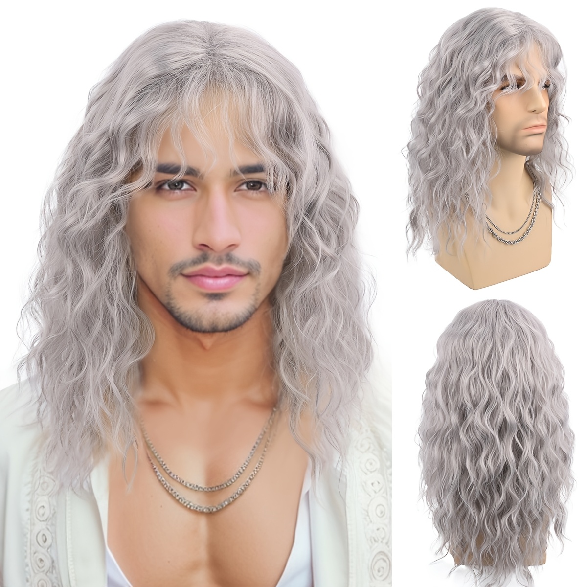 

A High-quality Synthetic Wig For Men In Medium Length Gray With Water Ripples, Suitable For Daily Wear Or Parties, With A Rock Style Cos Wig.