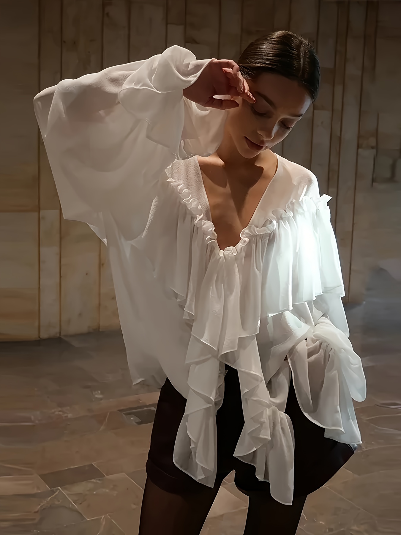 v neck chiffon blouse ruffle sleeves sheer - Temu Switzerland, image size:800x1067