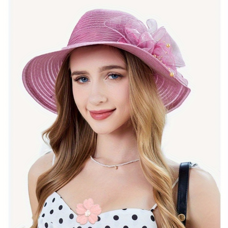 WIDE BRIM FLOWER PEARL DECOR HAT Formal Wide Brim White Black Flower Fedora Hat Pearls Band  main image 2