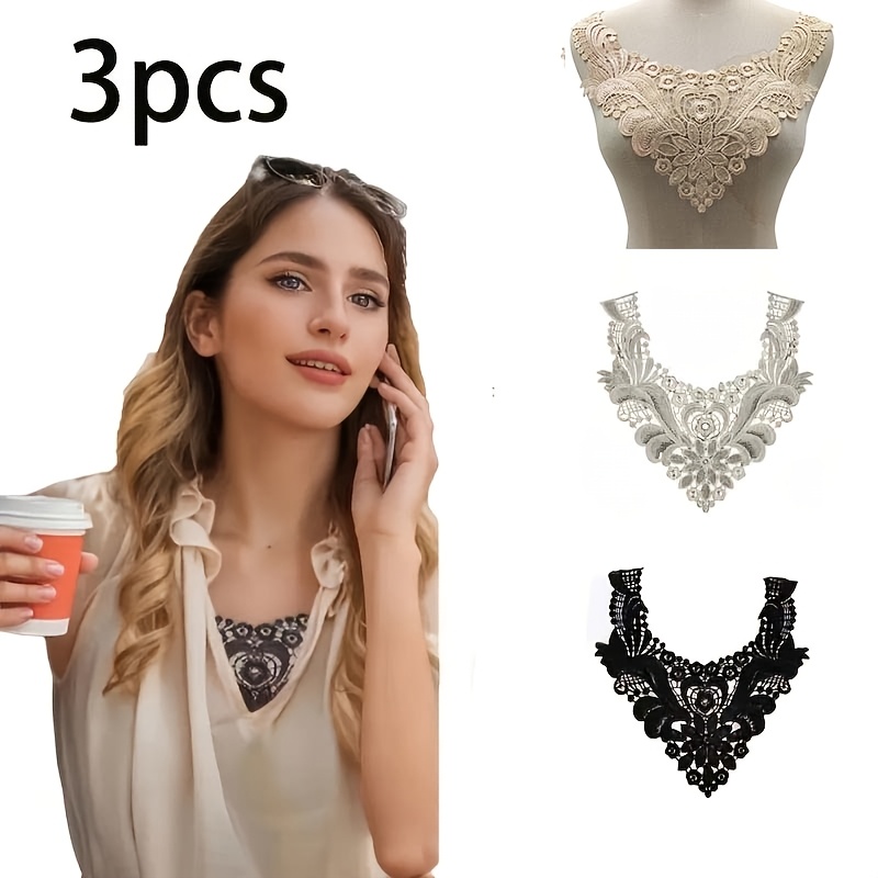 TEMU 3pcs Elegant Water-soluble Embroidered Lace Collar Set - Floral And Lace Design, Black/beige, Lightweight Polyester Diy Accessory For Dresses,