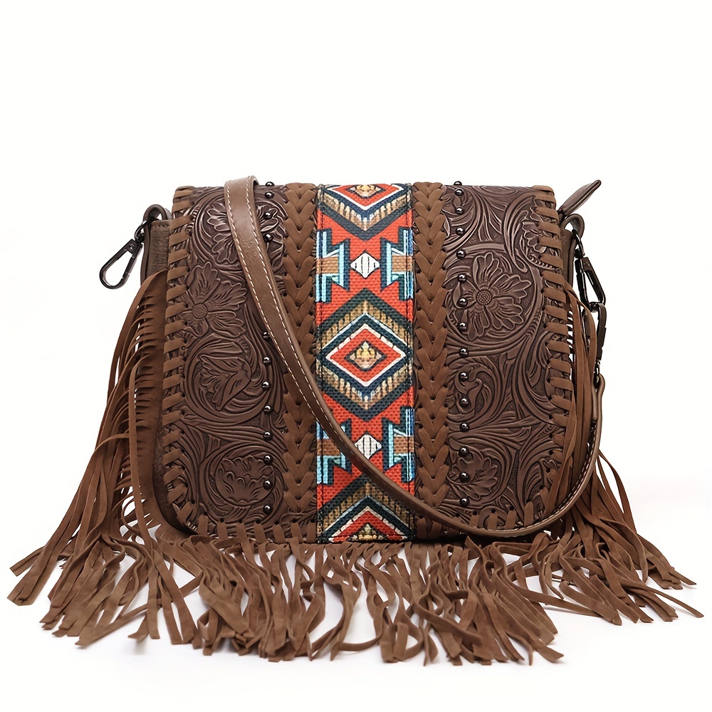 

Detachable Strap] Vintage Bohemian Crossbody Bag, Leather With Tassel , Lightweight Floral Pattern Shoulder Bag With Removable Strap, Zipper Closure, Polyester Lined, - Ideal For Christmas & Daily Use