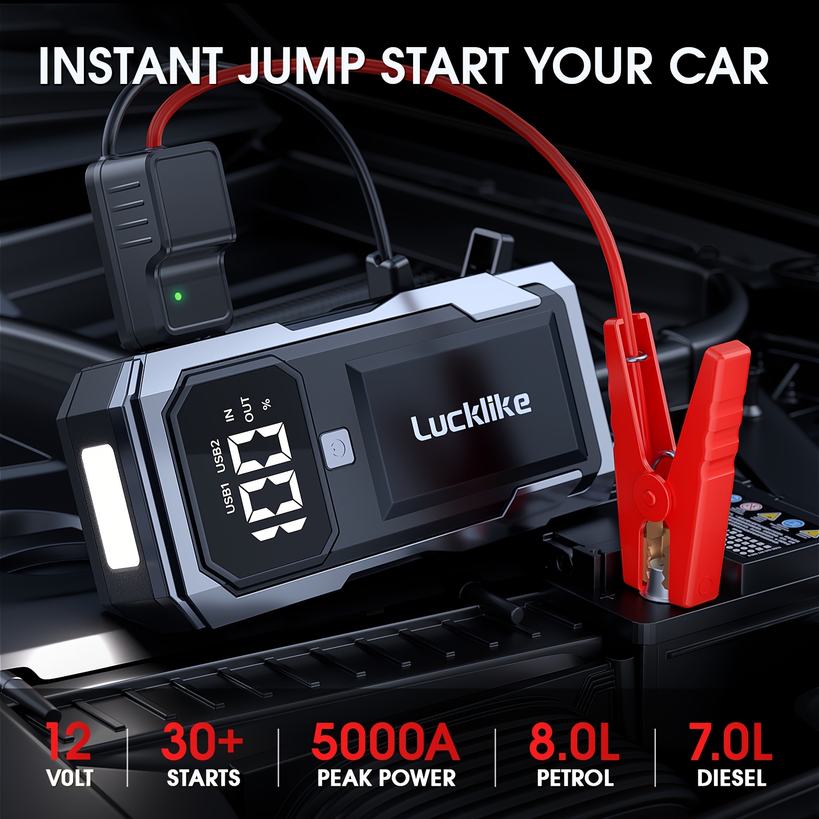 

5000a Portable Car Battery Jump And 12v Car Battery Charger - Lucklike Battery Pack For 8.0l Gas/7.0l Diesel Engines, Jump Box With , Intelligent Jumper Cables, Led Light, And High-capacity Power Bank