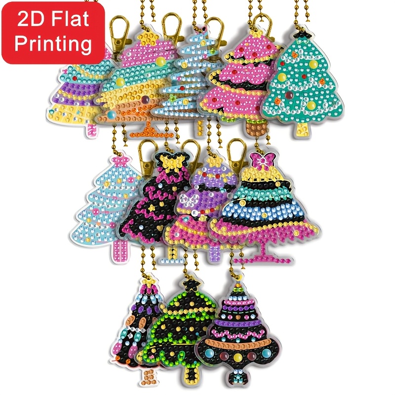 TEMU Ensemble de 12 pièces d'impression 2D/plat, arbre de Noël coloré de Noël, ensemble de porte-clés de peinture de pleins , petite décoration de