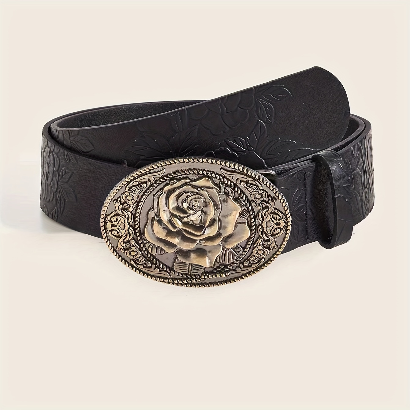 

Vintage Rose Buckle Belt For Women, Pu Leather Floral Embossed Adjustable Waistband For Casual, Beach, Festive, Sports - Versatile Accessory For Dresses, Pants, Outerwear