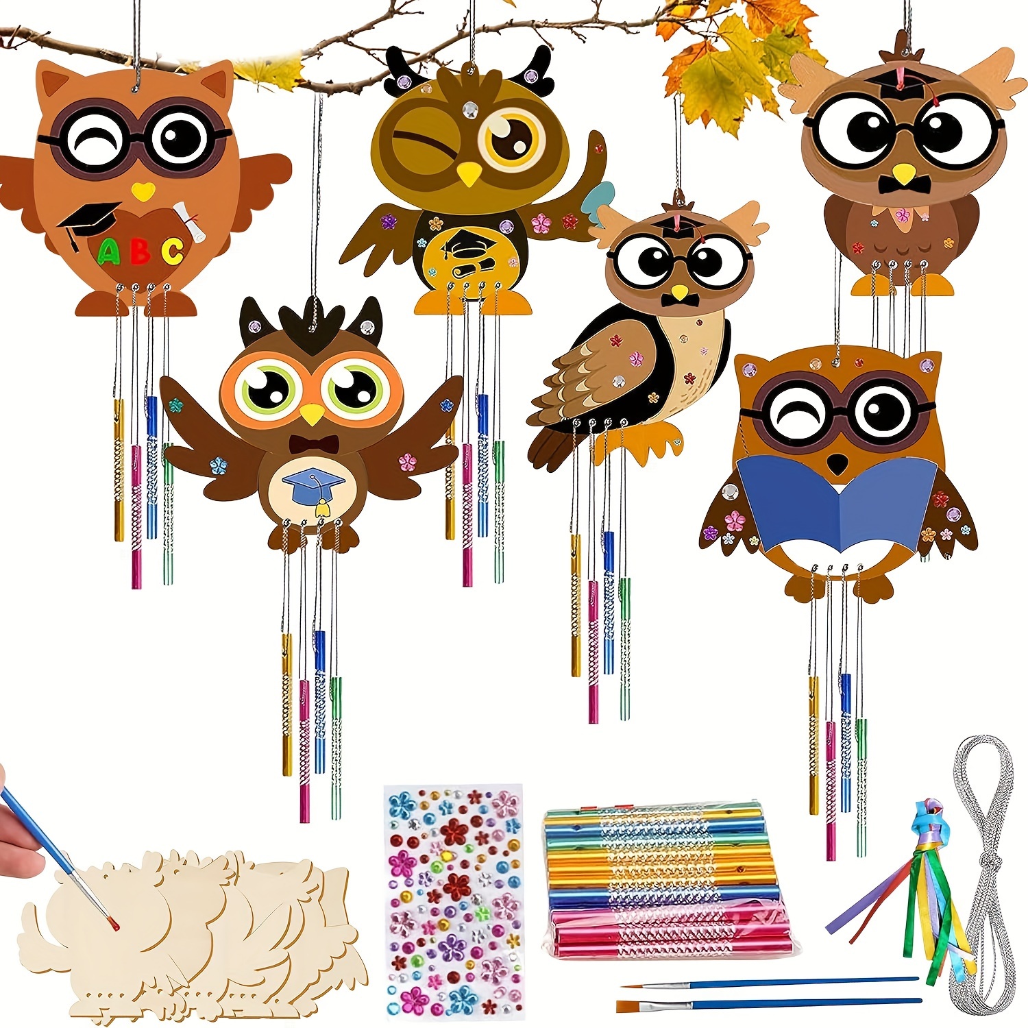 

6-pack Diy Unfinished Owl Wind Chimes Craft Kit, Autumn Thanksgiving Wooden Painting Set, Home Decor Ornament Activity With Beads And Stickers - Wood, No Electricity Needed