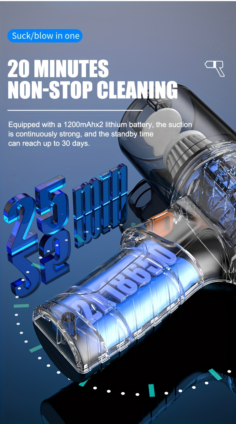 Portable cordless handheld vacuum with rechargeable battery and strong 5KPa suction, ideal for cars, homes, and offices