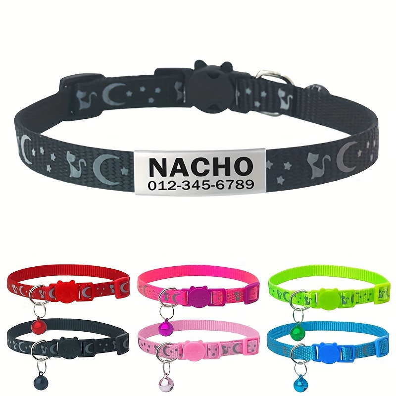 TEMU Adjustable Reflective Nylon Pet Collar With Design, Safety Quick-release Buckle + Personalized Laser-engraved Id Tag With Name & Phone - Cats &