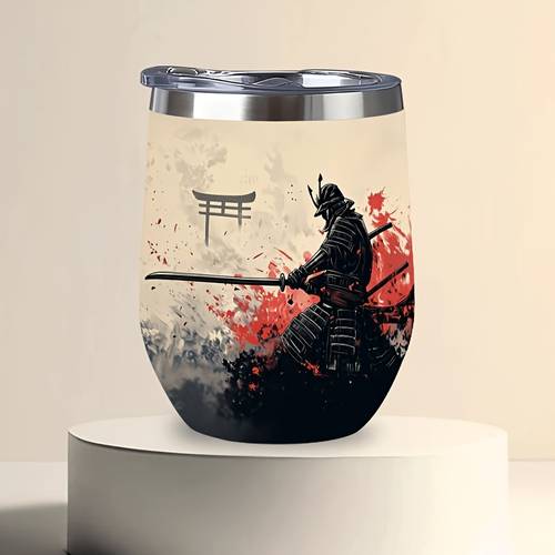 12oz stainless steel coffee mug featuring a samurai in dramatic design leak proof and dishwasher safe gift for and