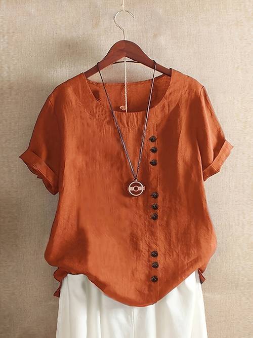 womens casual short sleeve button up shirt summer round neck solid color blouse with decorative buttons machine washable dry versatile for vacation casual attire short sleeve blouse decorative button detail smooth texture