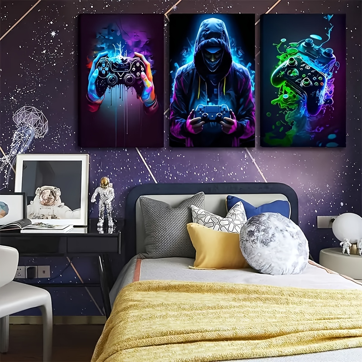 

3pcs Vibrant Neon Gaming Canvas Wall Art Set, Game Controller Posters With Hoodie Figures - Material, Boys' Bedroom & Game Room Decor, Ideal Gift, Gaming Room Decorations