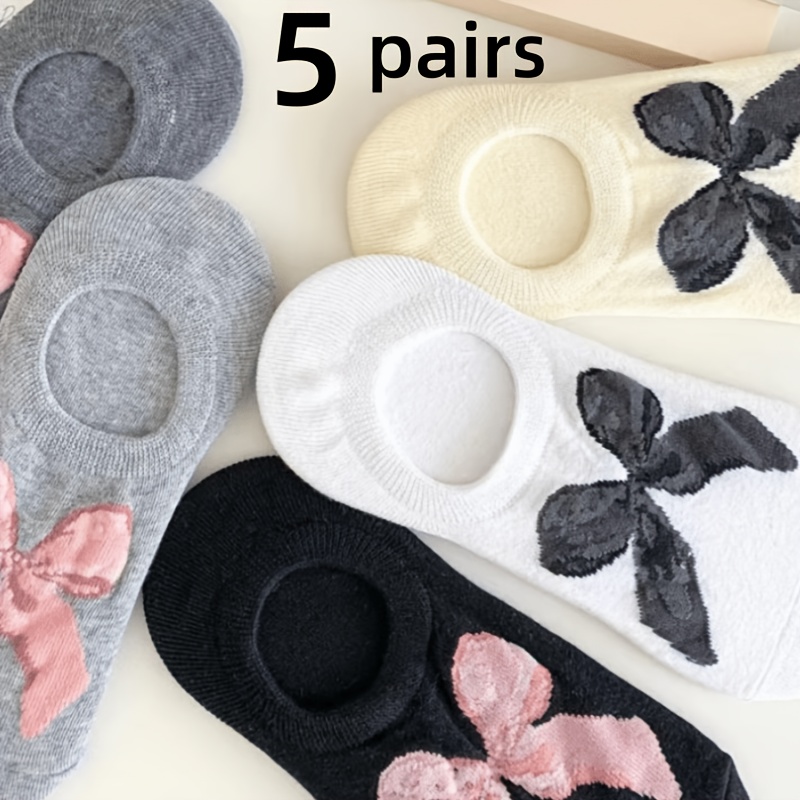 TEMU 5-pair Ballet-style Solid Color Bow Socks, Spring/summer Thin Style, Invisible Low-cut Short Socks, Trendy Ins Fashion