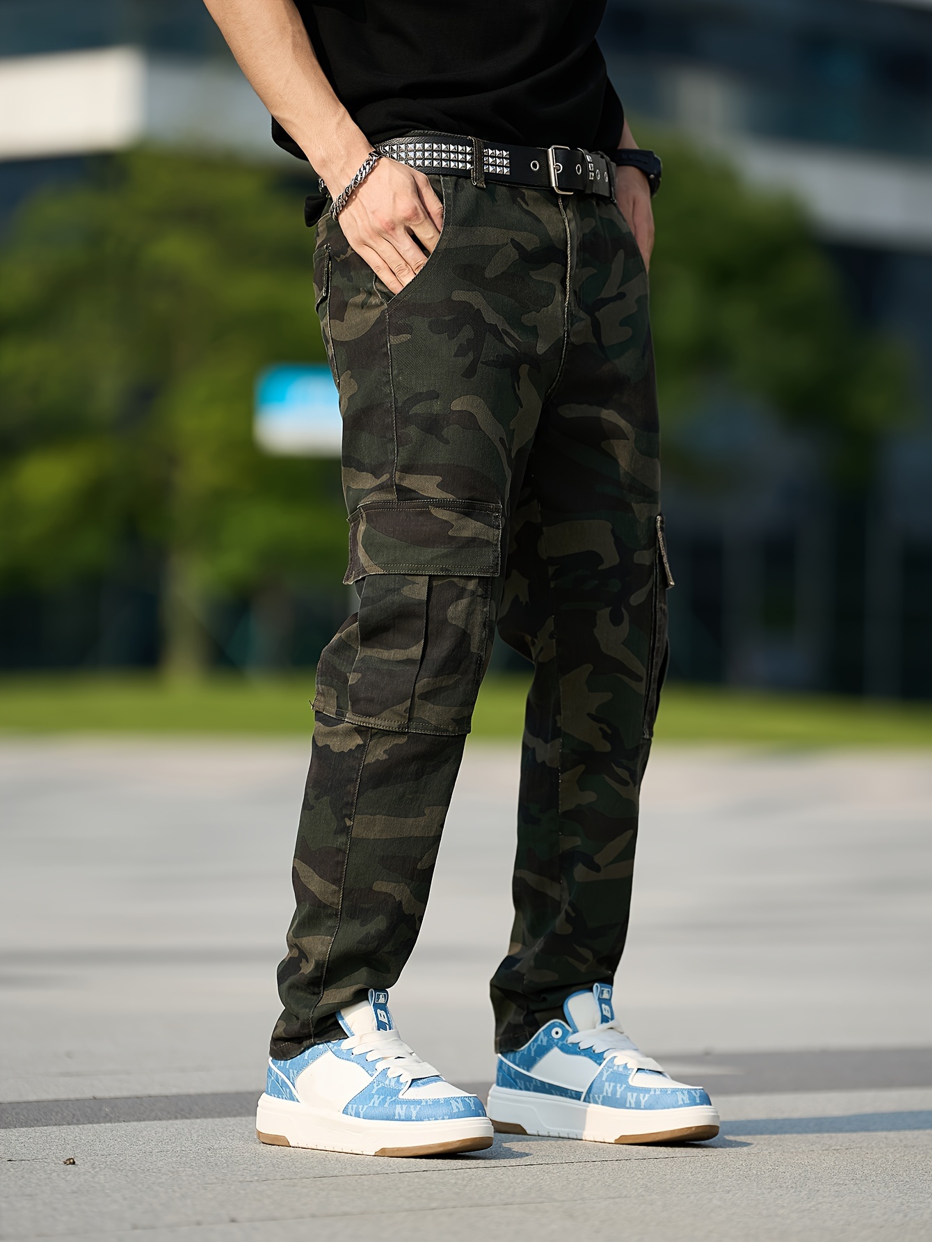 Men'S Plus Size Camo Cargo Jeans with Pockets - Stretch Denim, Slim Fit, Casual Style for Spring/Summer/Fall, Olive Green Denim, Skinny Fit Jeans, PLUS SIZE