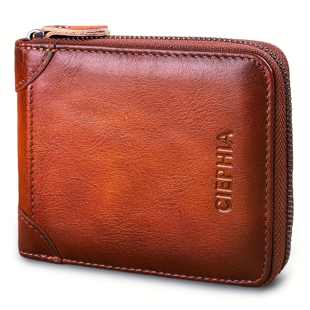 TEMU Ciephia Vintage Genuine Genuine Leather Rfid Blocking Wallet - Bifold Design With Coin Pocket, Card Slots, And Secure Zipper Closure In Brown , Genuine Leather Wallet