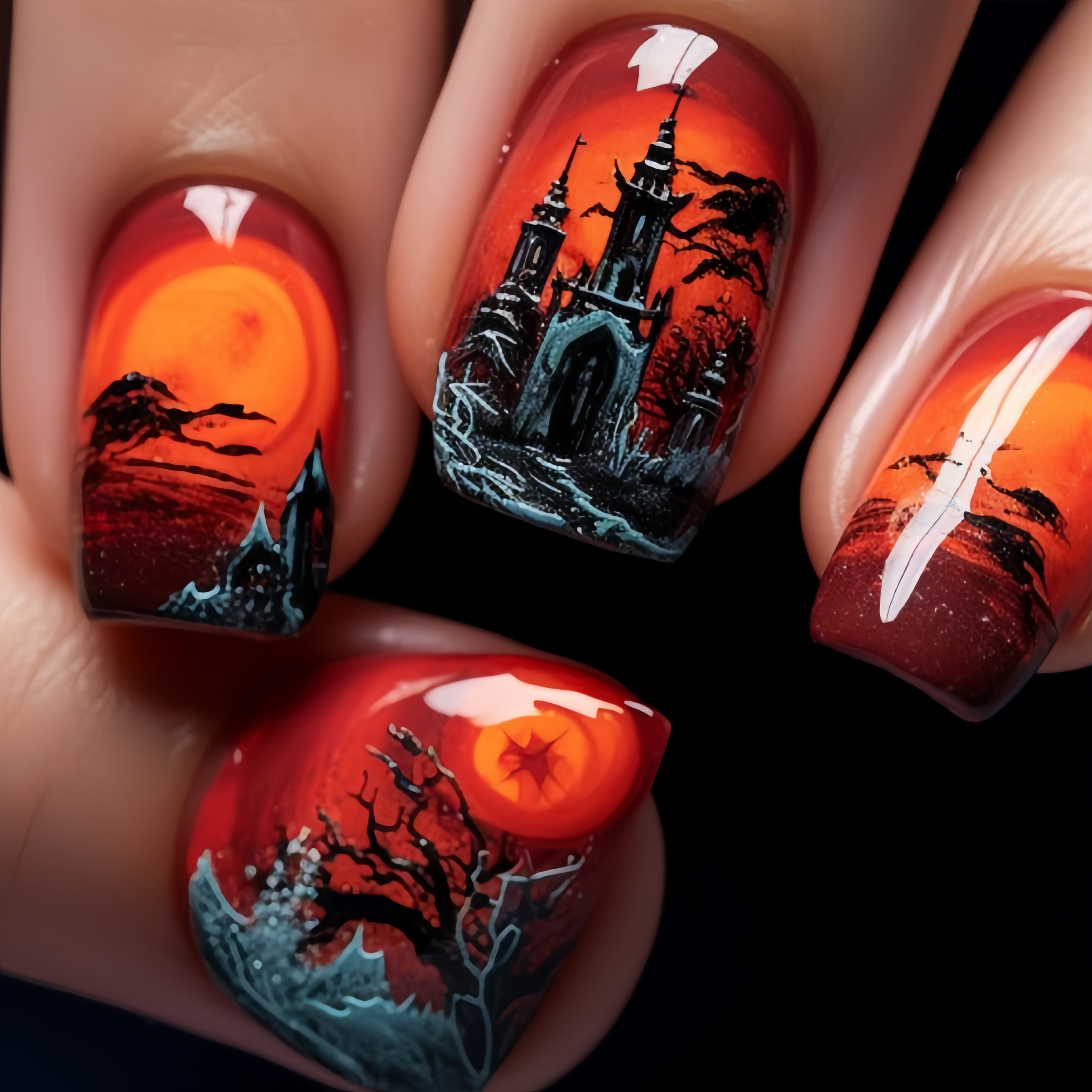 

24pcs Halloween Nail Art Set, Castle Blood Sunset Design, Removable Fake Nails With Glitter