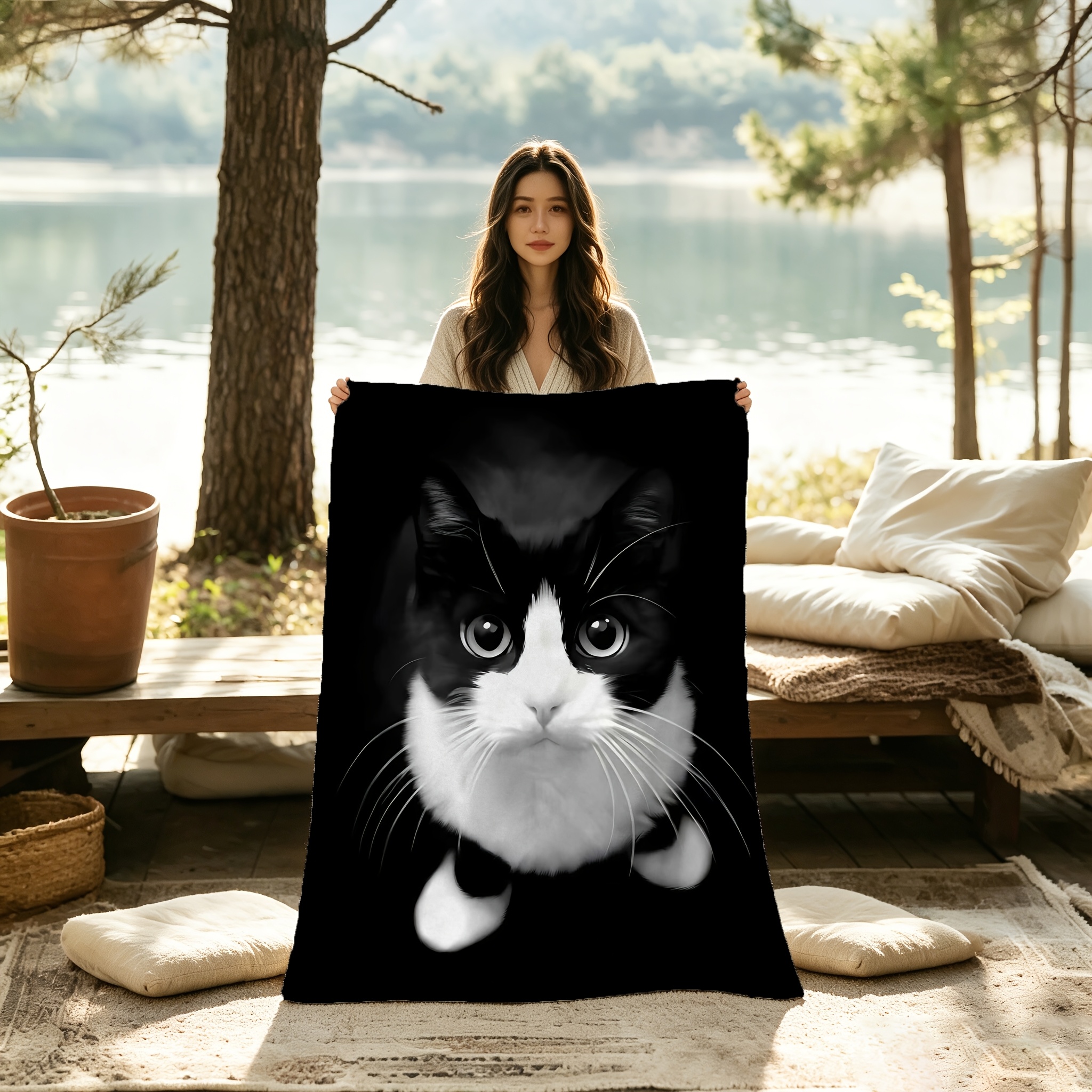 TEMU 2d Flat Printing 1pc Mysterious Tuxedo Cat Pattern Flannel Blanket, Nap Blanket, Personalized Printed Soft Study Blanket, Halloween Gift,