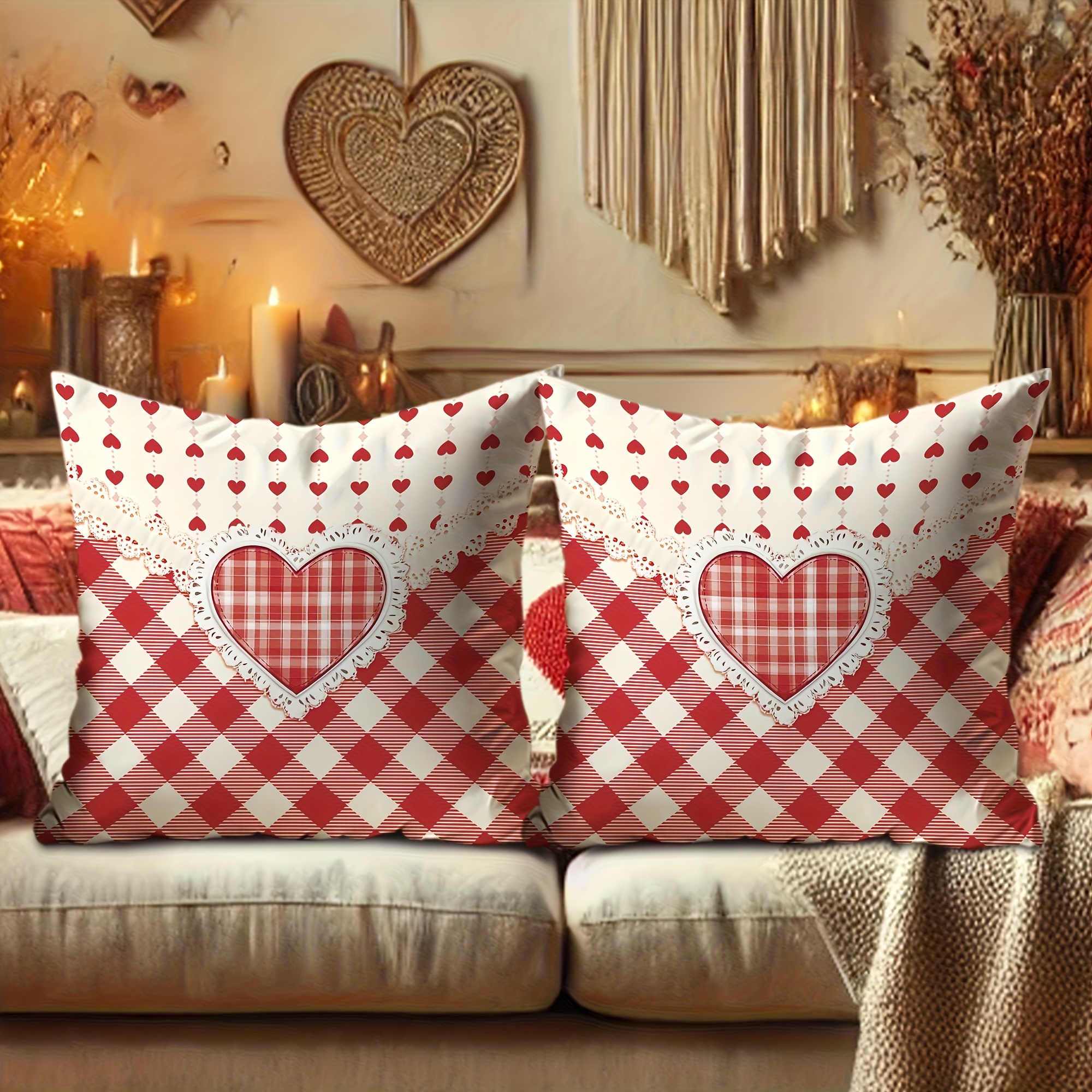 TEMU 2 Stück Umschlagförmige Rote Karo-Liebe Kissenbezüge - 2D Flachdruckmuster, 45*/17.7*17 Zoll Reißverschluss Dekokissen für Innen/Außen Sofa,