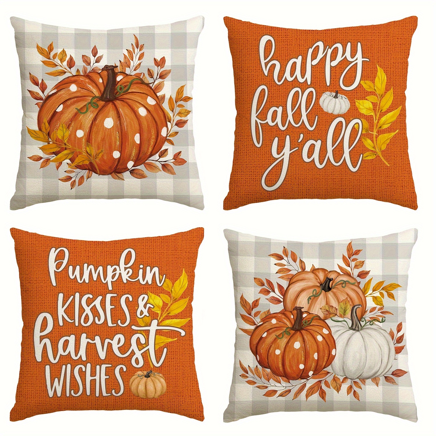 

Sm:)e Fall Thanks Pumpkin Leaves Throw Pillow Covers, 18 X 18 Inch Autumn Thanksgiving Harvest Polka Dot Orange Decorations For Sofa Couch Set Of 4