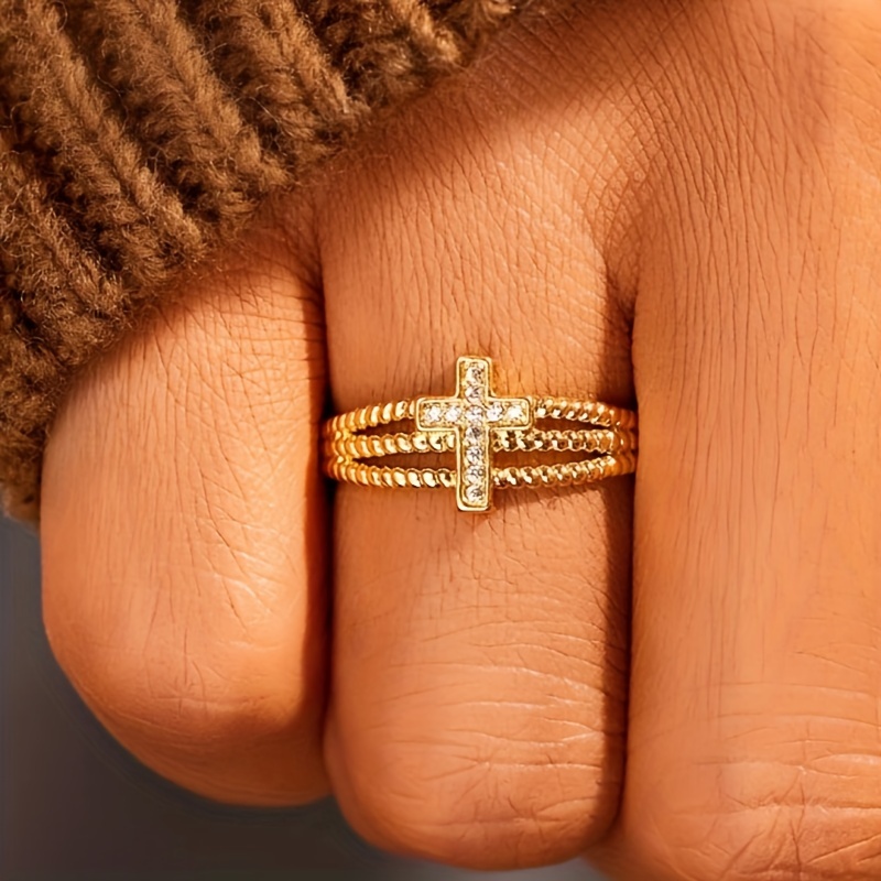Adjustable Layer Cross Ring KC Golden Plated Synthetic Stone