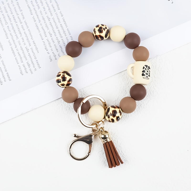 E-shop Schlüsselanhänger mit Leopardenmuster, Perlen Becher, Schlüsselanhänger mit Perlenquaste, mehrfarbiges Schlüsselring-Accessoire, Anhänger für