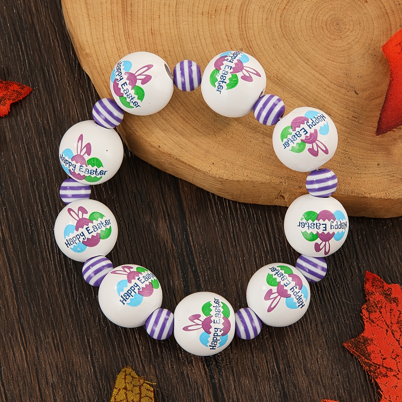 Easter Beaded Stretch Bracelet with Wood Bunny and Egg Charms