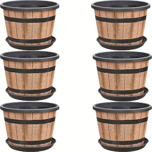 6pcs set of flower pots large whisky flower pots with drainage holes and trays plastic flowerpots designed to wine barrels suitable for indoor and outdoor garden home plants brown gardening gift home decor
