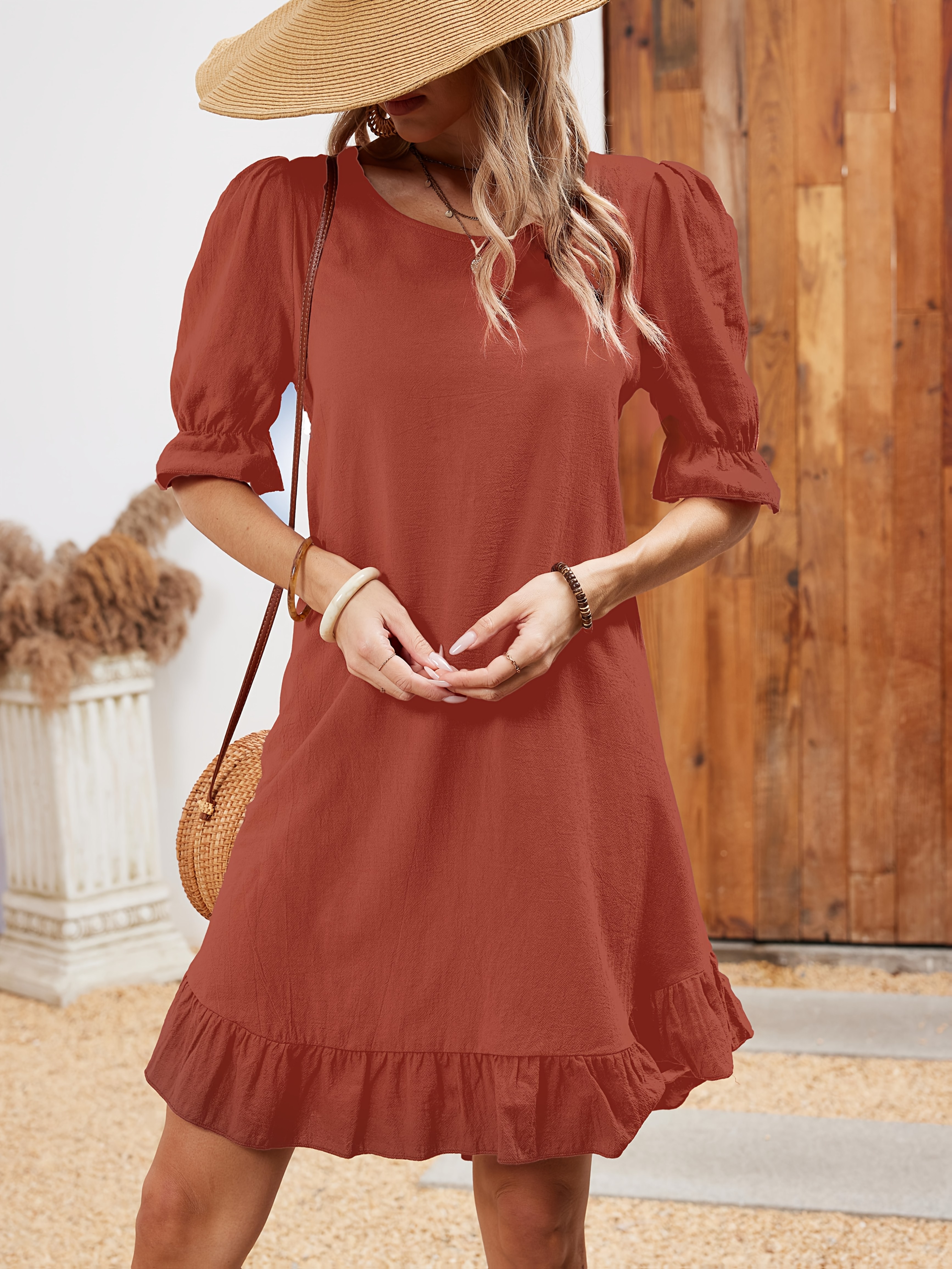 ladies smock dress womens flounce sleeves ruffle hem short sleeve a 97% Rayon of Bamboo Jilma - Batakari Maxi Dress|Fugu