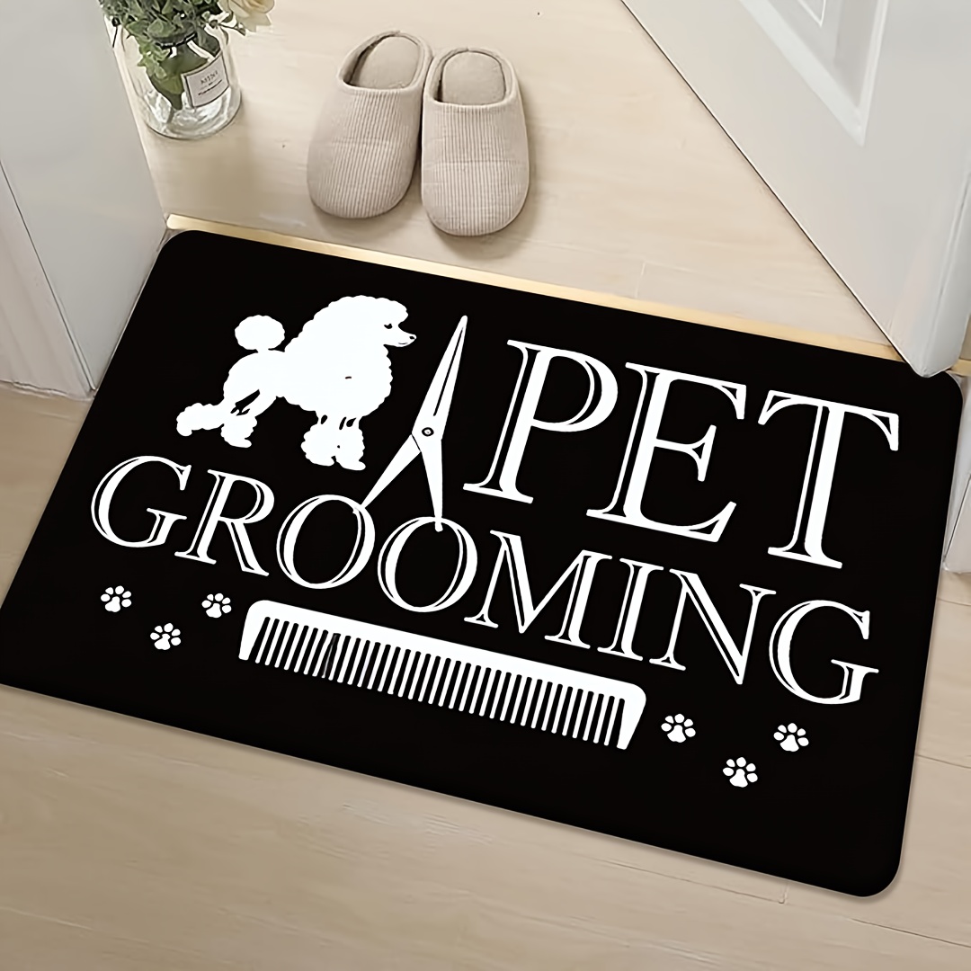 TEMU Fun Pet Grooming Door Mat, 1cm Thick Fleece, Soft Bonded Pile, Dog Scissors Comb Print, Non-slip Machine Washable, Rectangle, 500g/㎡, Polyester,
