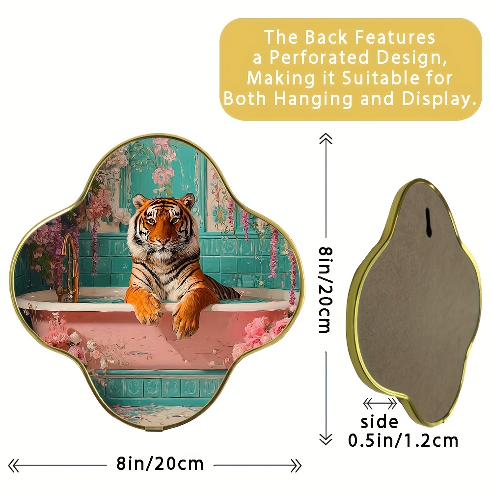 TEMU 2d Flat, 1pc 7.8" Clover Shaped Retro Tiger Bathing Illustration Art Print On Wood Panel With Golden- Plastic Frame | Vibrant Color Whimsical