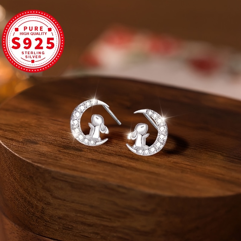 S925 Sterling Silver Moon & Rabbit Ears Earrings
