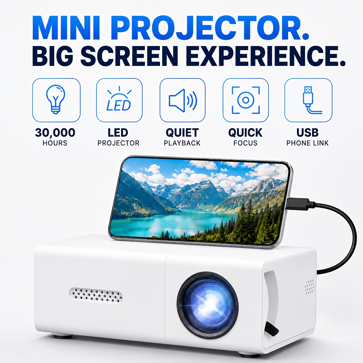 Artikelbild tragbarer mini-projektor, 1080p-fähiger heimkino-projektor mit handy-anschluss, kompakter filmprojektor für camping, schlafzimmer, outdoor-einsatz