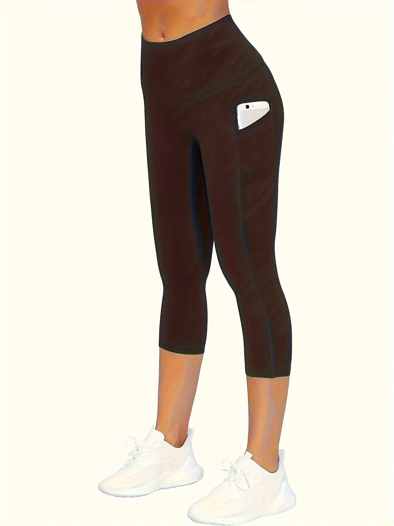 Women's Capri Leggings, Solid Pocket Stretchy Capri Leggings