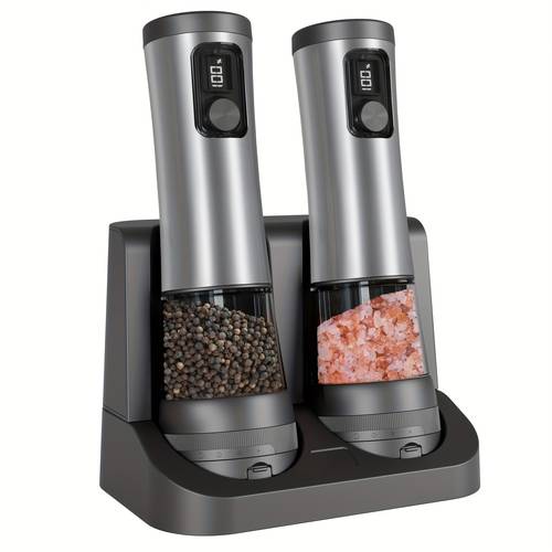 2 pack electric salt and pepper grinder set with adjustable grinding speed coarseness rechargeable automatic shakers large capacity stainless steel kitchen dining camping ideal for christmas thanksgiving halloween valentines day