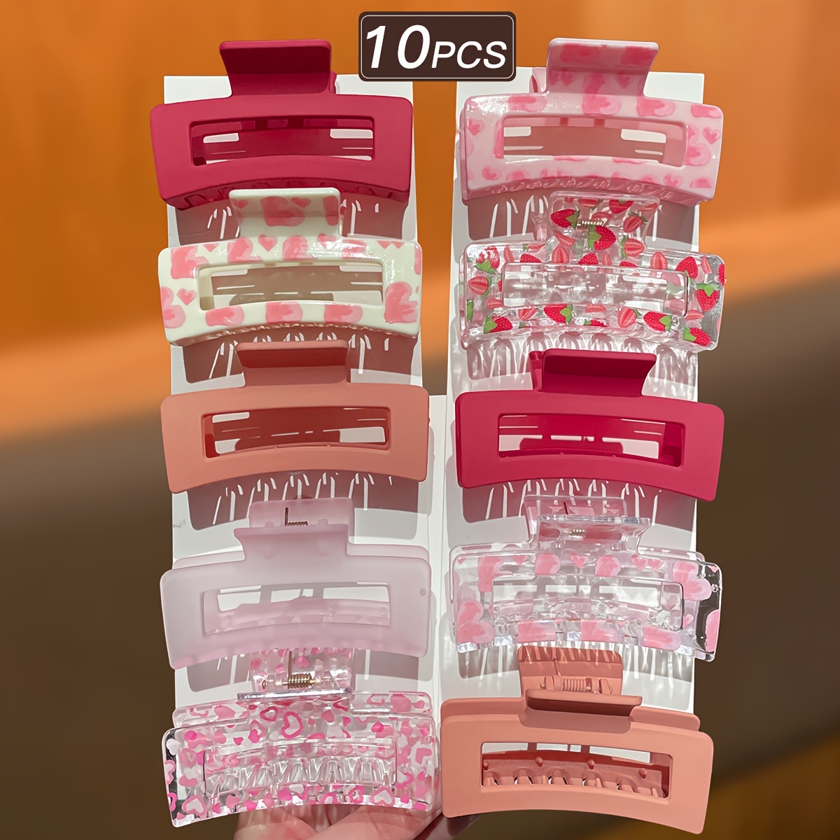 TEMU 10pcs Pink Heart Strawberry Claw Clip Set, Cute Acrylic Claw Clips, Additions For Women And, Multiple Styles Combined Different Styling Needs,