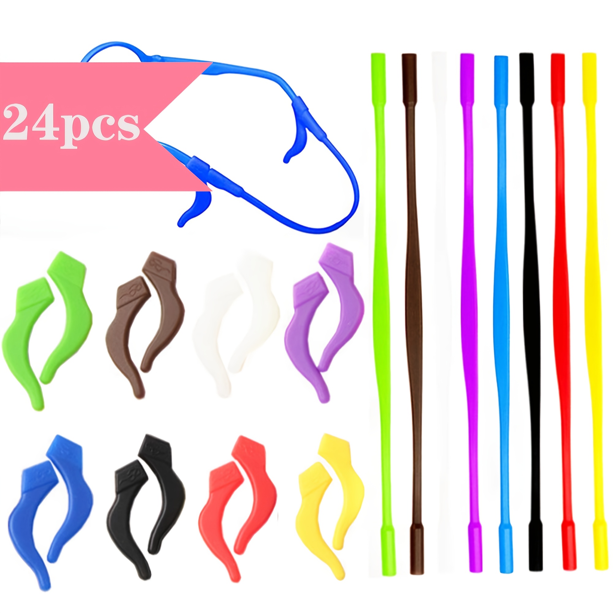 TEMU Juego de 24 fundas antideslizantes dobles para gafas, cordón de silicona, gancho para oreja, fundas de correa para puntas de varillas en