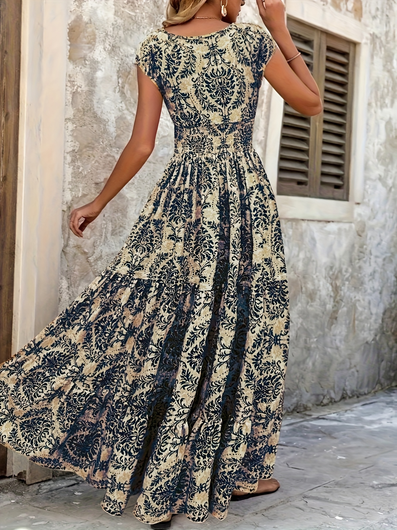 womens bohemian print maxi dress v neck long sleeve a line - Temu Oman