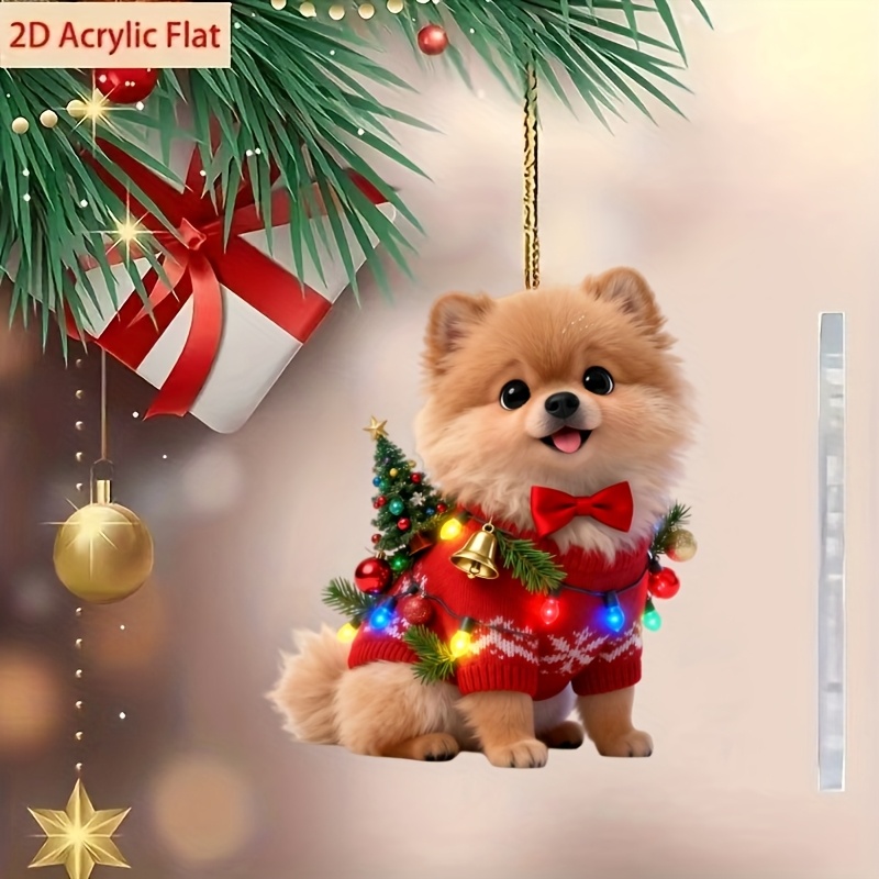 TEMU 2D Flaches Design, Niedliches Pomeranian Weihnachtsornament - 2D Acryl Hängedekoration mit rotem Pullover und Fliege, Pomeranian Welpenbaum und