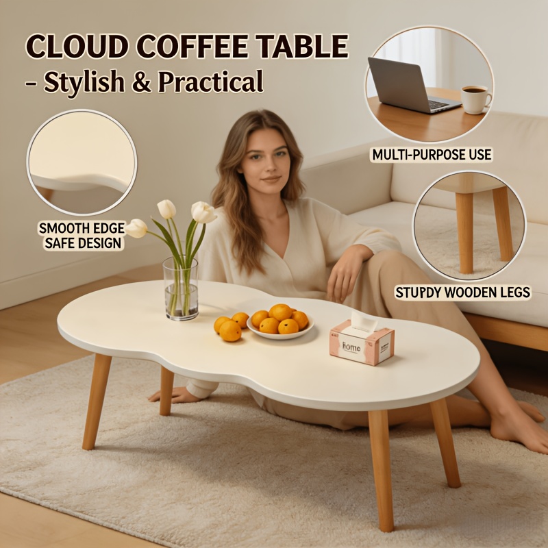 Modern Cloud-Shaped Coffee Table with Wavy Edge - Space-Saving Low Table Suitable for Small Spaces, Minimalist Nordic Style Engineered Table for Apartments, Easy Assembly Sofa Side Table for Bedroom, Balcony & Living Room Decor