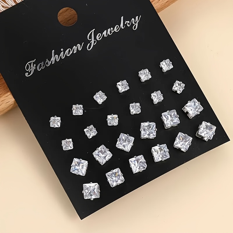 12 Pair Set Square Cubic Zirconia Stud Earrings for Men
