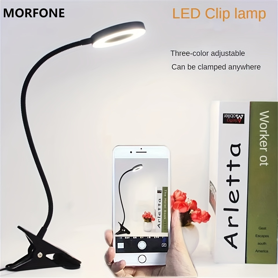 

Morfone Flexible Gooseneck Clip-on Reading Light - Usb Powered, 3 Color & 10 Brightness Levels For Eye Protection, Ideal For Home Office Desk Lamp, Black Metal