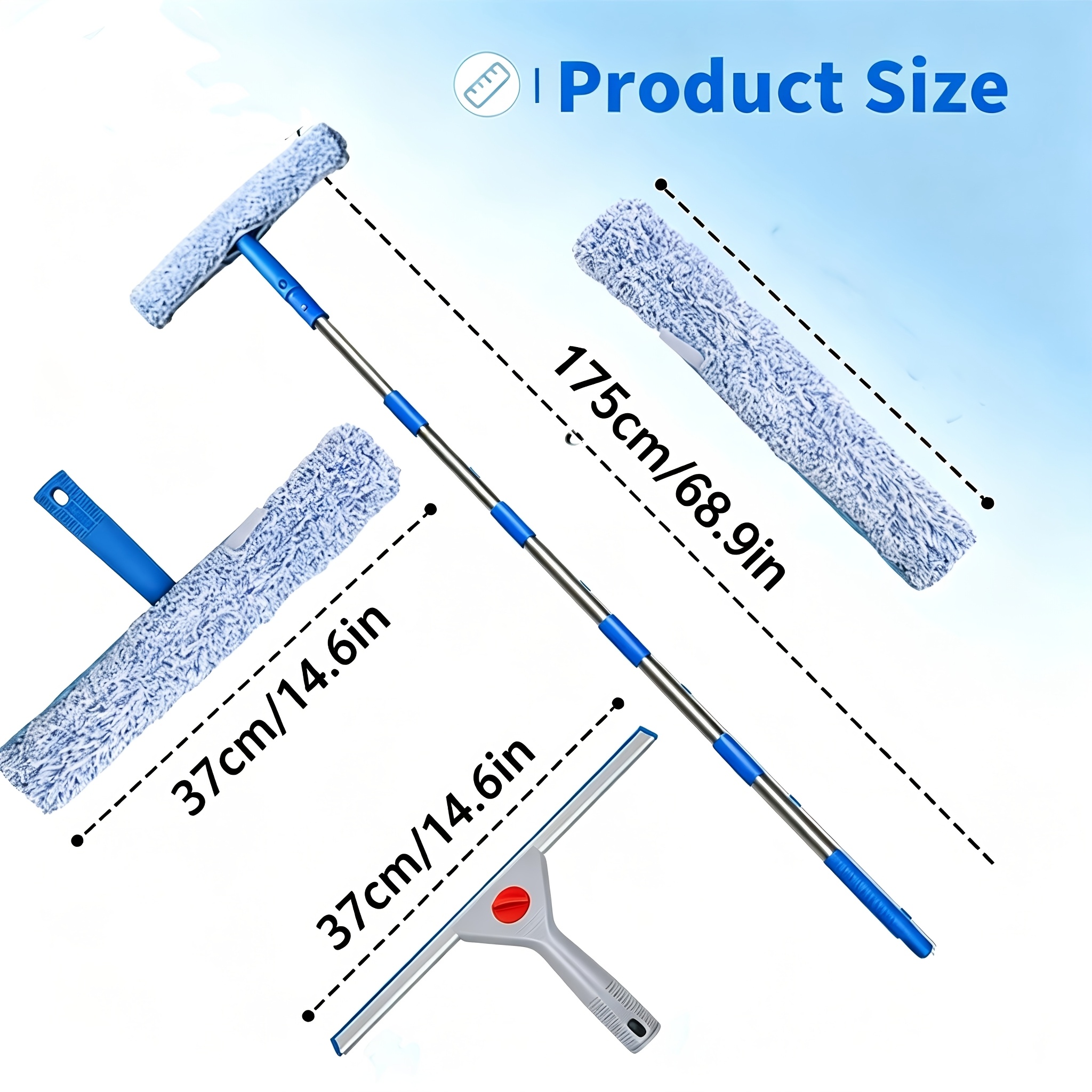 TEMU Kit de nettoyage de fenêtres 1.75M, raclette de nettoyage, nettoyeur de fenêtres télescopique avec 3 poteaux, 2 chiffons en microfibre et